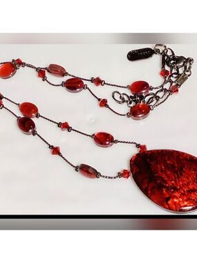 VTG DABBY REID Designer Signed Red Abalone Swarovski Crystal Necklace 18” Ext